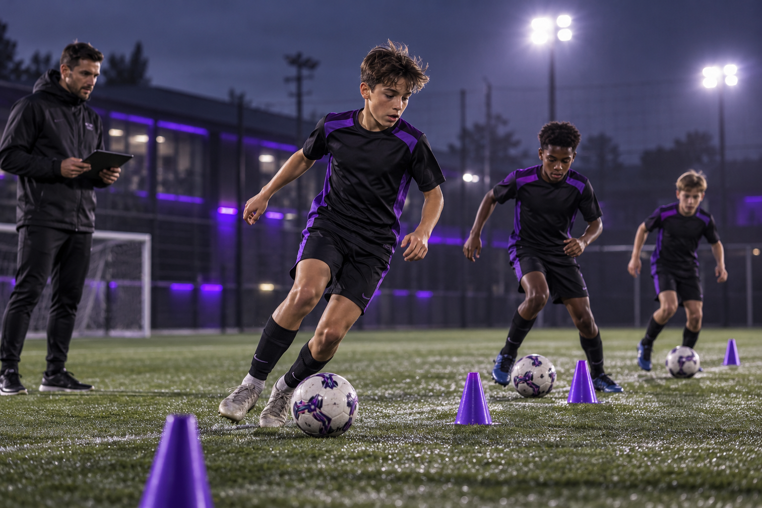 Ilustração gerada por IA de avaliação de atletas juvenis em treino de futebol